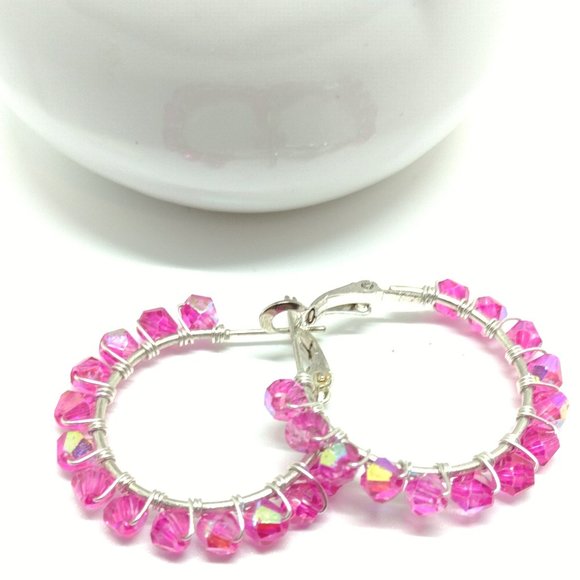 Swarovski Crystals Wire Wrapped on Silver Plated Hoops - Picture 3 of 4